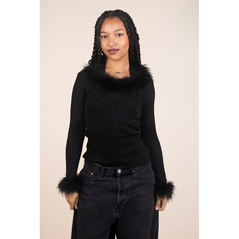 70s Lurex Glitter Top with Faux Feather