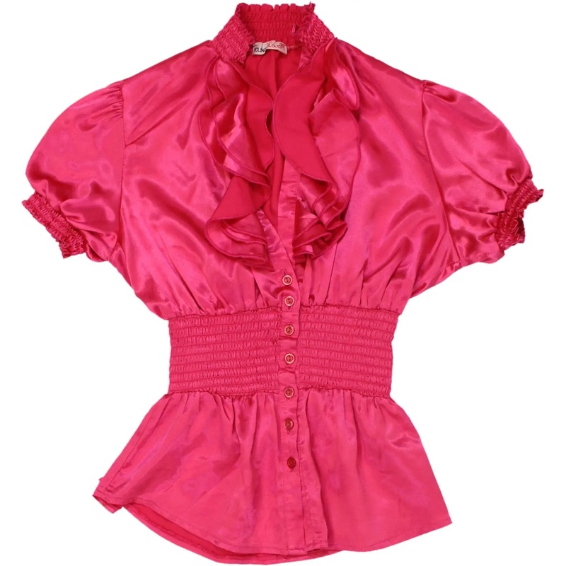 00s Pink Satin Ruffle Blouse