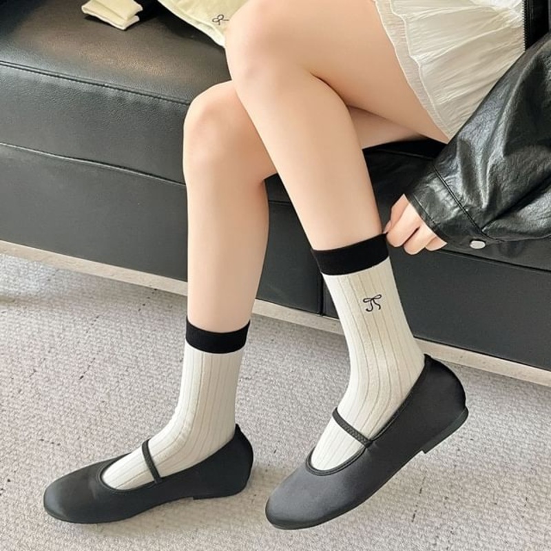 Bowknot Ribbed Crew Socks|Bow – Black|Bow – White|Stripes – Black|Stripes – White|One Size