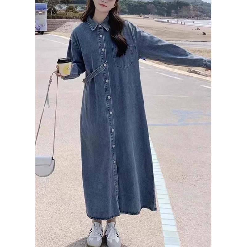 Casual Denim Blue Peter Pan Collar Patchwork Button Long Dress Fall RP003
