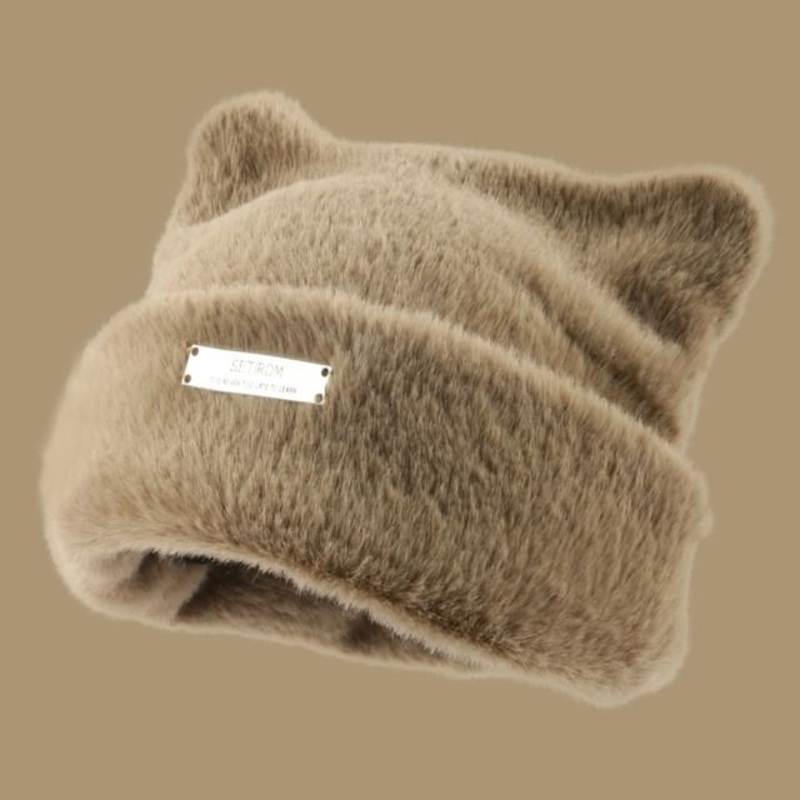 Cat Ear Faux Fur Beanie|Black|Coffee|Khaki|Milky White|M