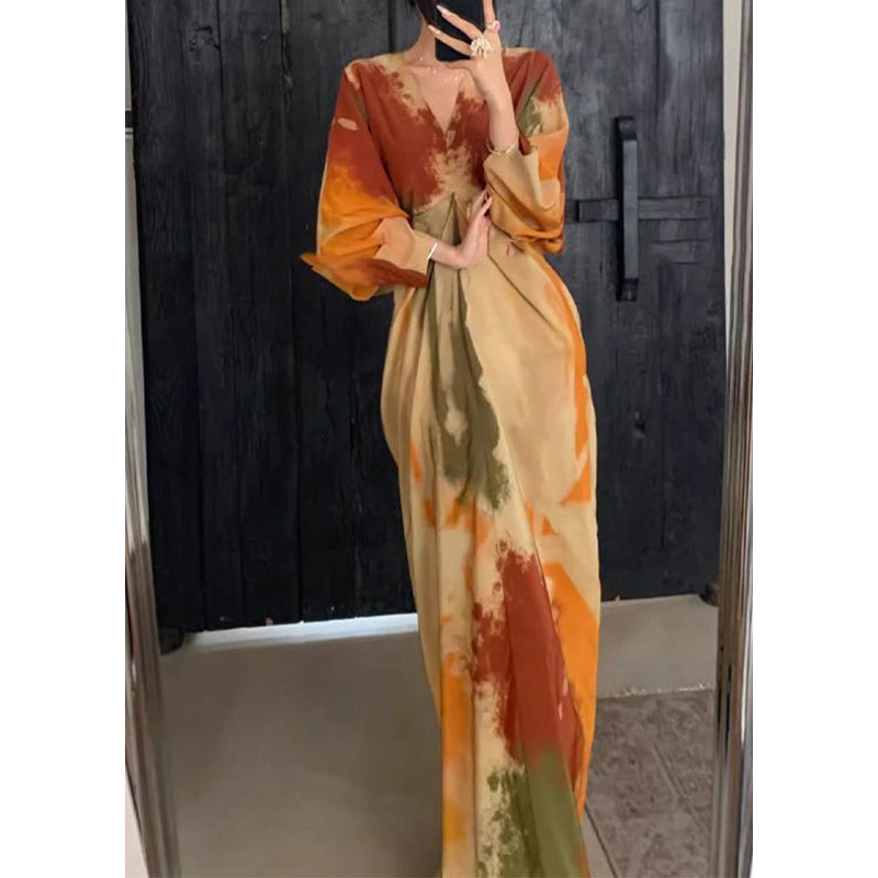 Chinese Style Orange V Neck Tie Dye Maxi Dress Spring RP019