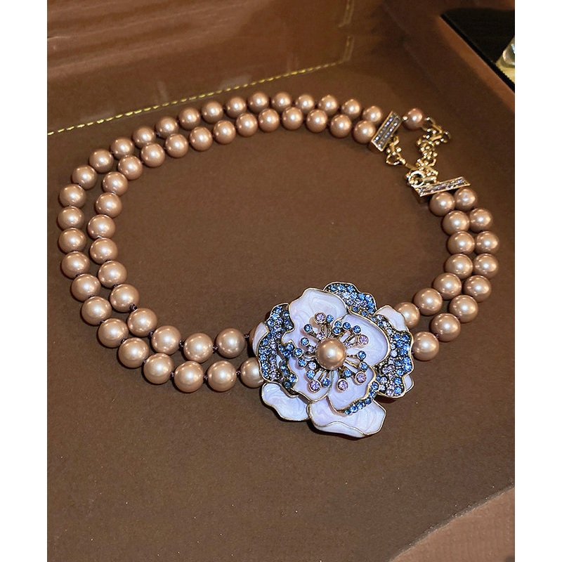 Classy Champagne Alloy Zircon Pearl Floral Gratuated Bead Necklace RA039