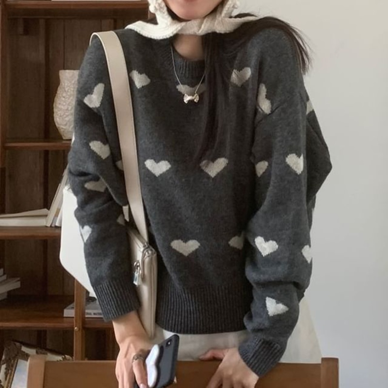 Crew Neck Heart Print Sweater|Black|Gray|One Size