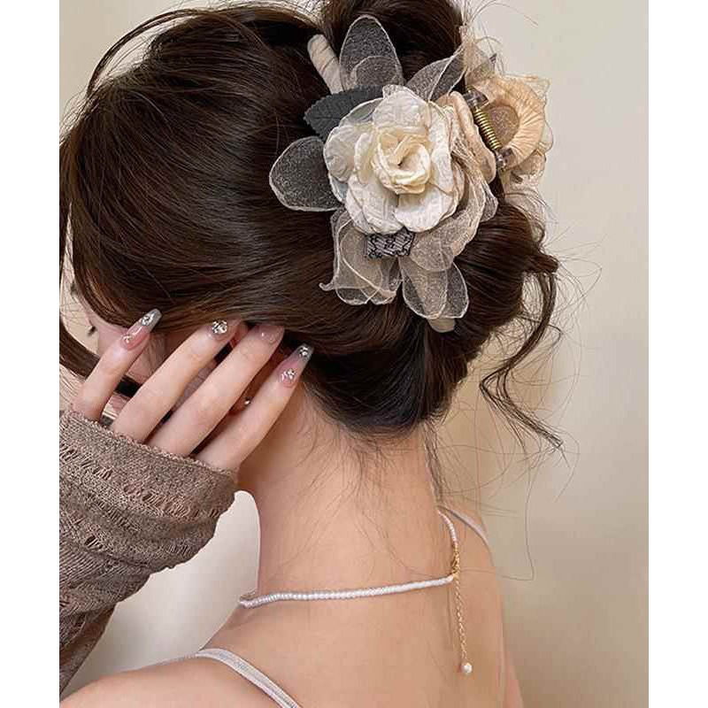 Elegant Champagne Metal Tulle Rose Hairpin RA032