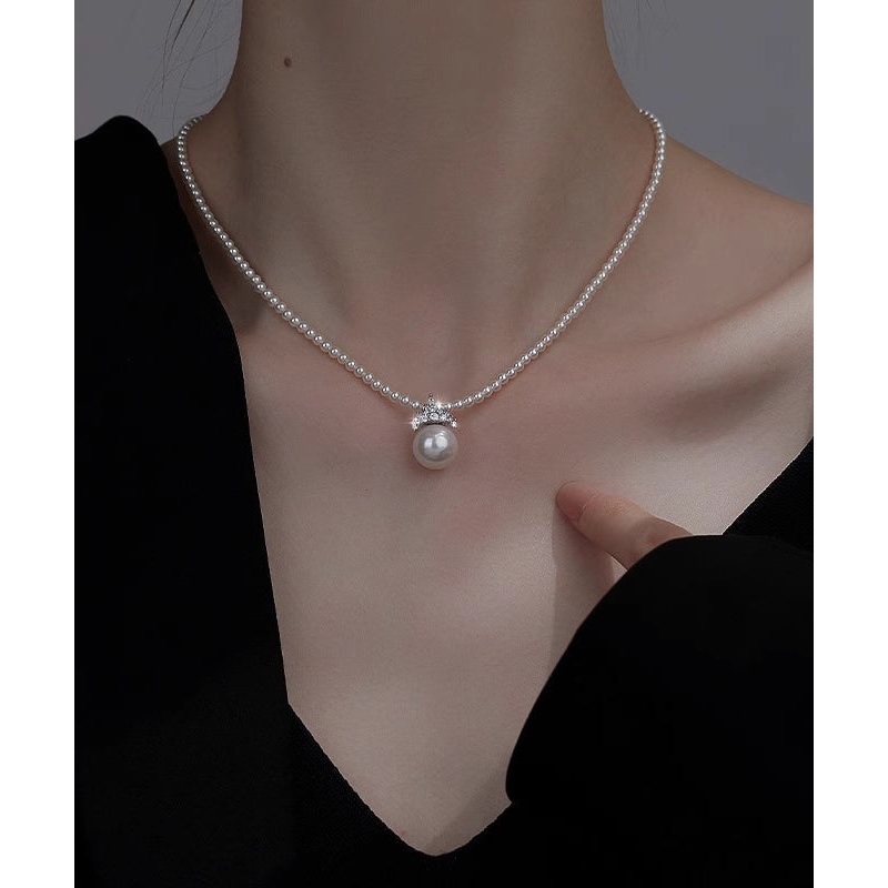 Elegant White Alloy Zircon Pearl Pendant Necklace RA003