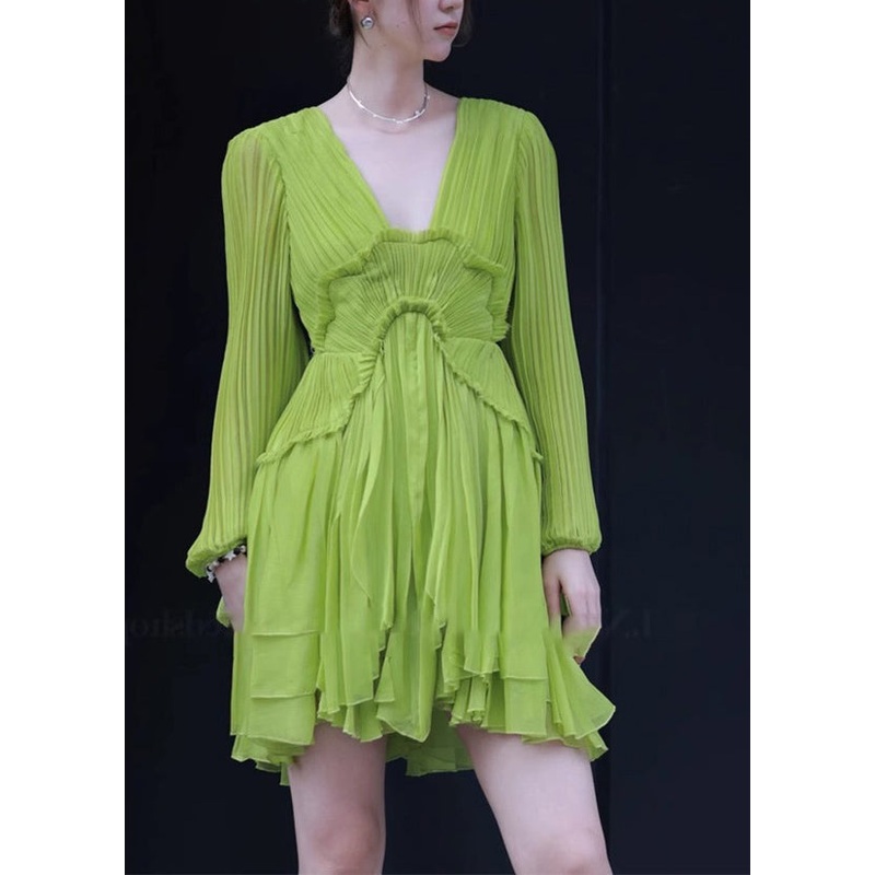 Fine Green V Neck Ruffled Patchwork Mid Dresses Spring RP018