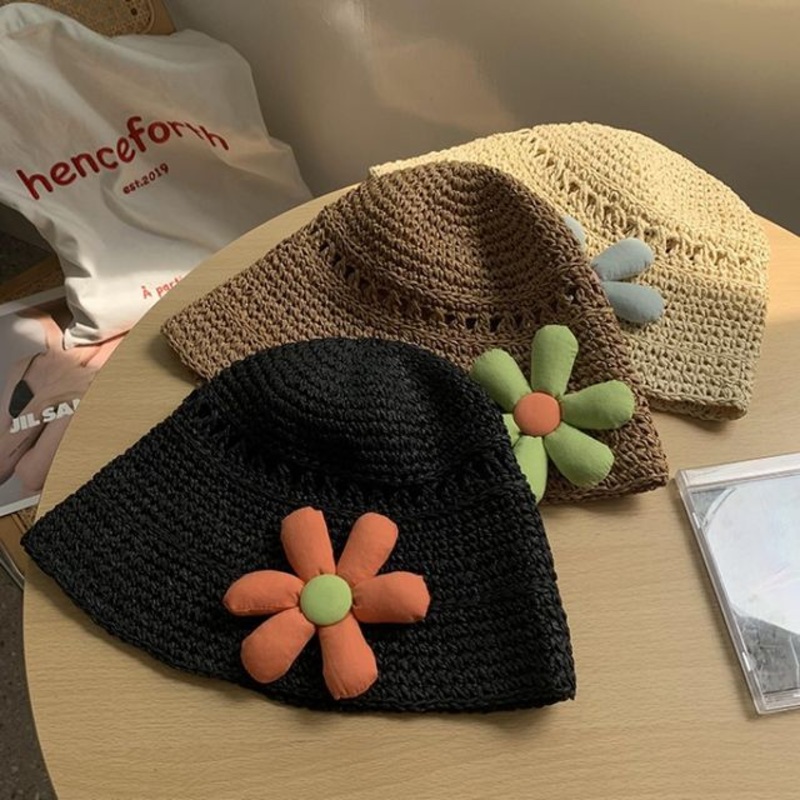 Floral Woven Bucket Hat|Beige|Black|Khaki|M