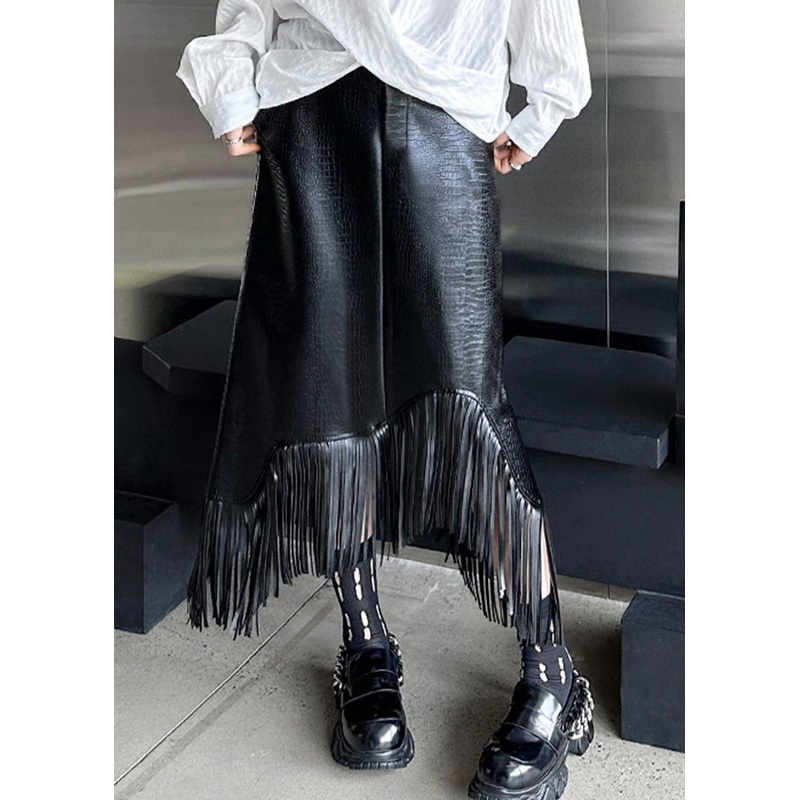 Italian Black Tasseled Patchwork Faux Leather Skirts Winter RS053