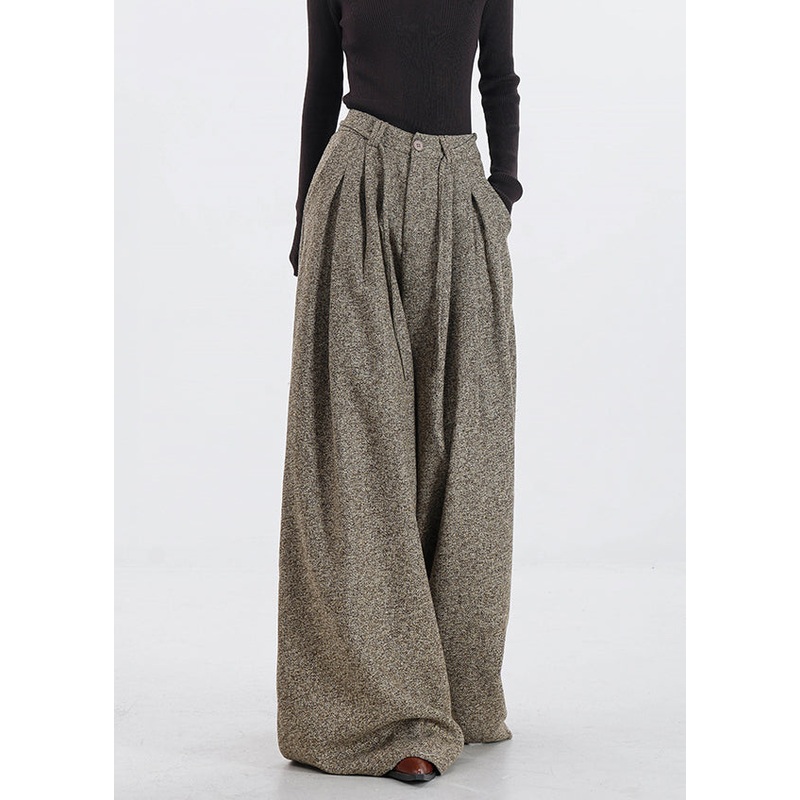 Original Design Khaki Pockets High Waist Woolen Wide Leg Pants Winter RS045