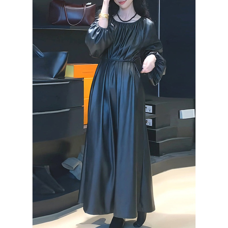 Vintage Black Cinched Tie Waist Solid PU Maxi Dresses Spring RP022