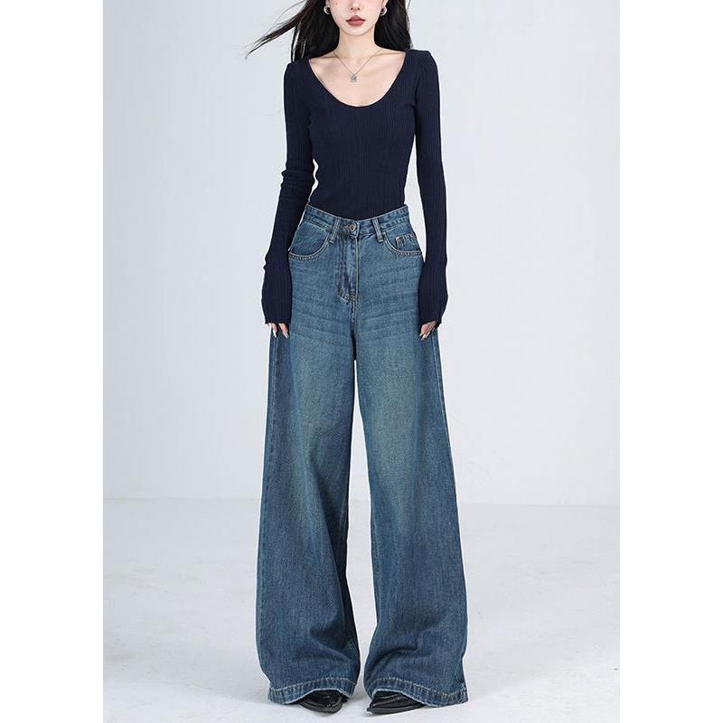 Women Blue Pockets High Waist Denim Wide Leg Pants Winter RS041