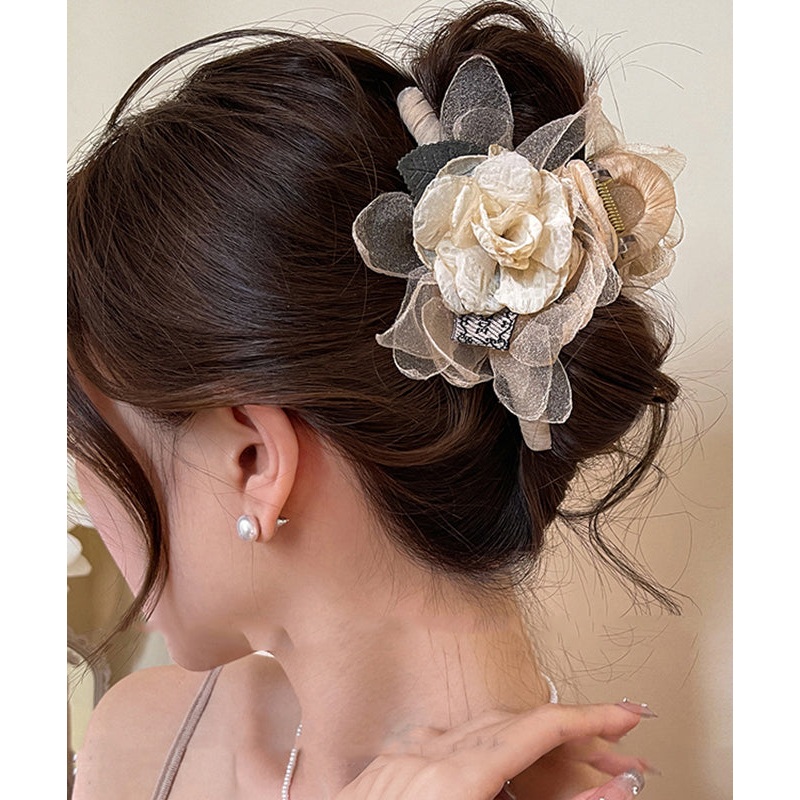 Women Champagne Acrylic Tulle Fabric Rose Hairpin RA010