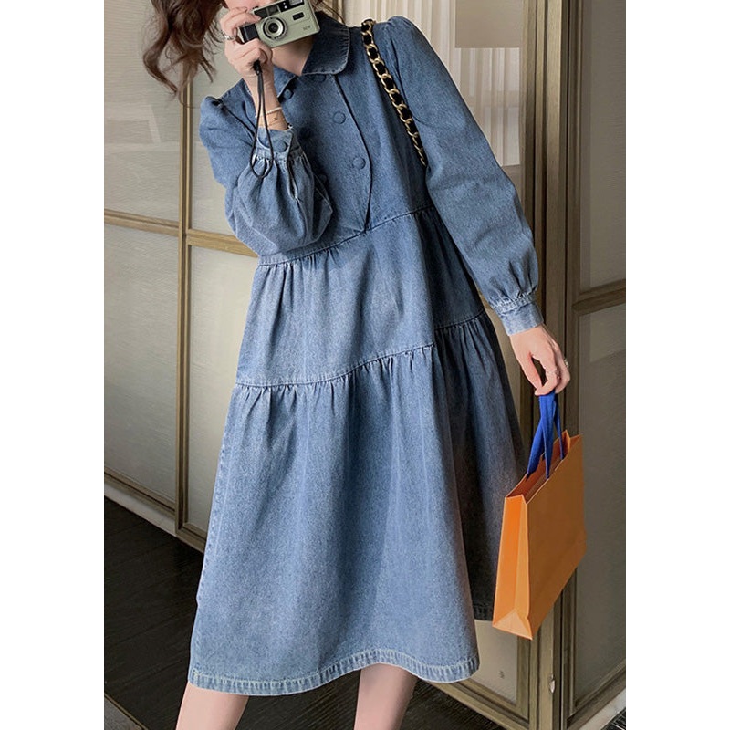 Women Denim Blue Wrinkled Patchwork Long Dress Spring RP009