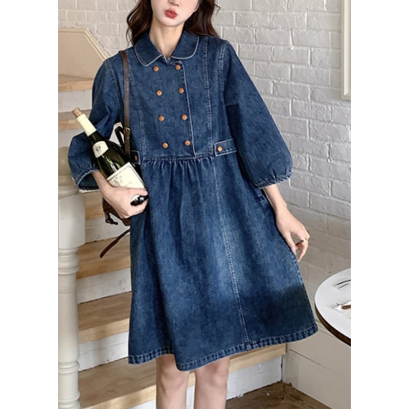 Women Navy Peter Pan Collar Wrinkled Patchwork Denim Long A Line Dress Spring RP013