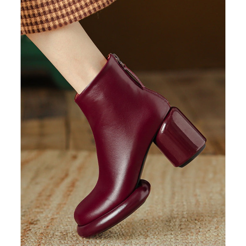 Art Splicing Chunky Boots Mulberry Cowhide Leather RD011