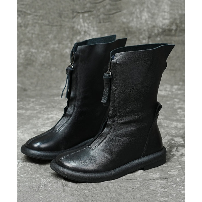 Black Cowhide Leather Stylish Handmade Zippered Splicing Boots RD028