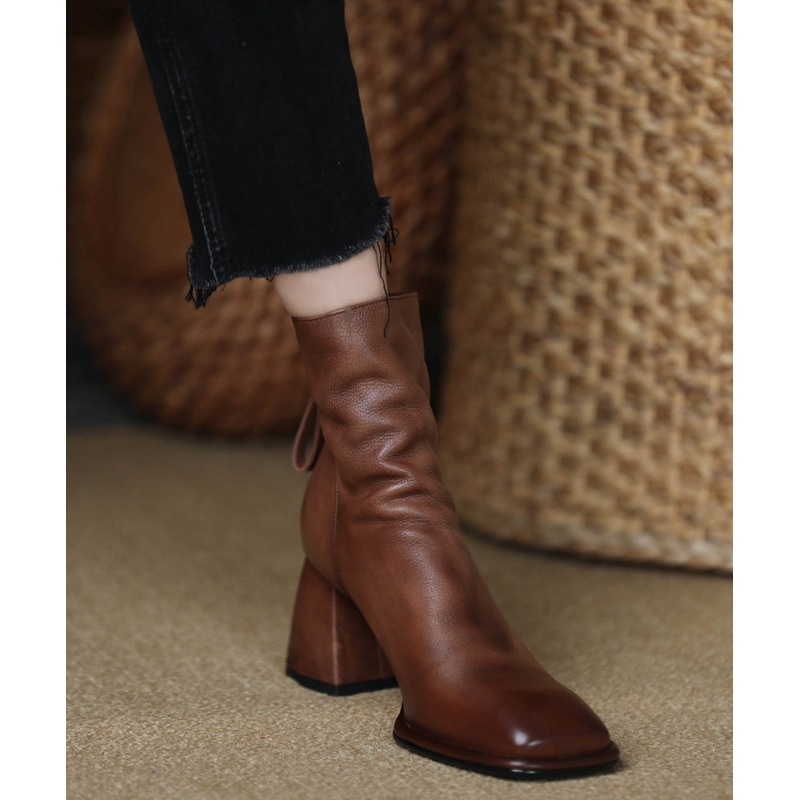 Brown Boots Chunky Cowhide Leather Women Splicing Zippered RD012