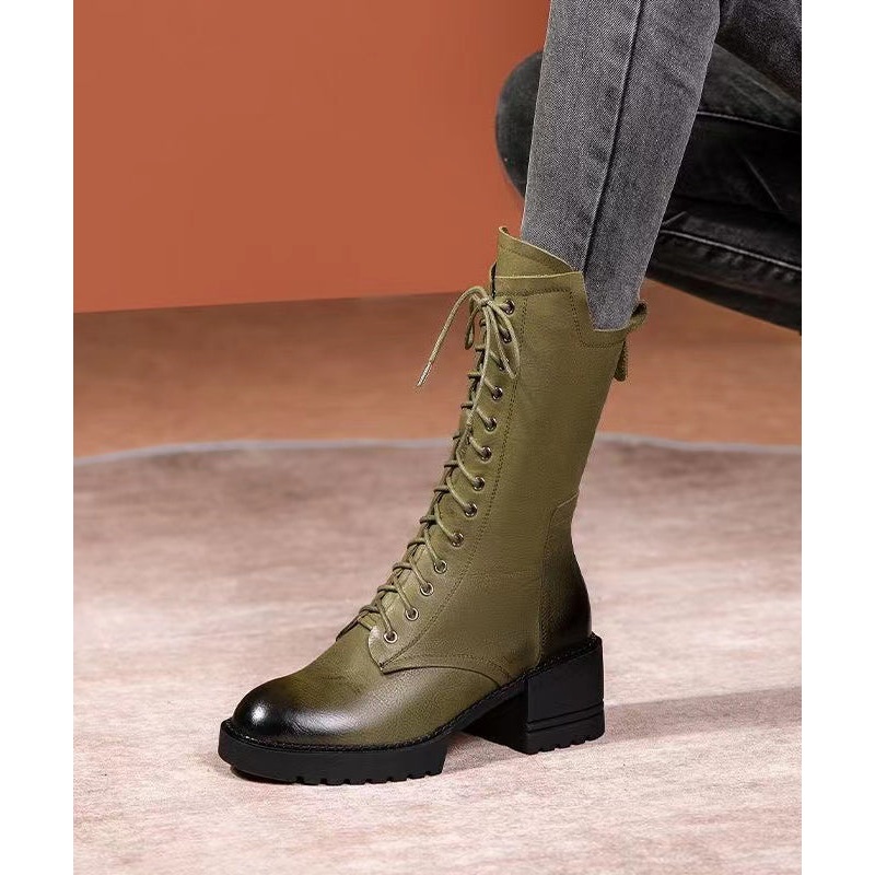 Chic Splicing Chunky Boots Green Cowhide Leather Lace Up RD005