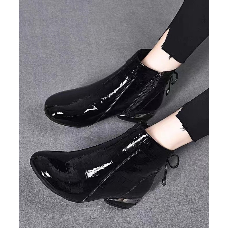 Classy Splicing Boots With Black Cowhide Shiny Surface RD013