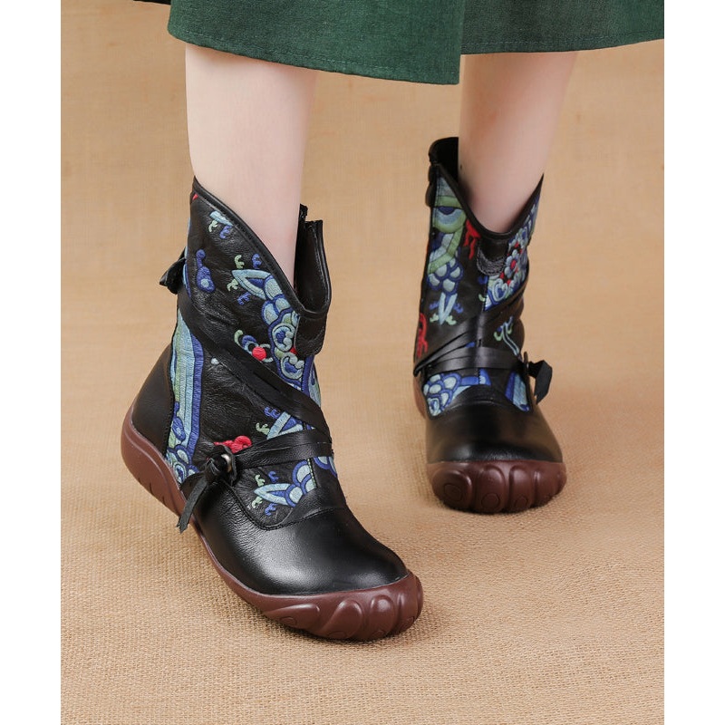 Comfortable Splicing Boots Black Retro Print Cowhide Leather RD017