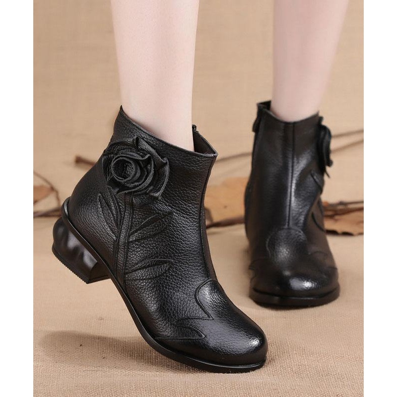Comfortable Splicing Chunky Boots Black Cowhide Leather RD019