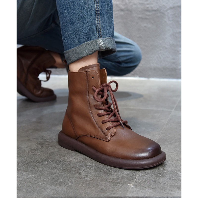 Cowhide Leather Boots Brown Casual Splicing Cross Strap RD018