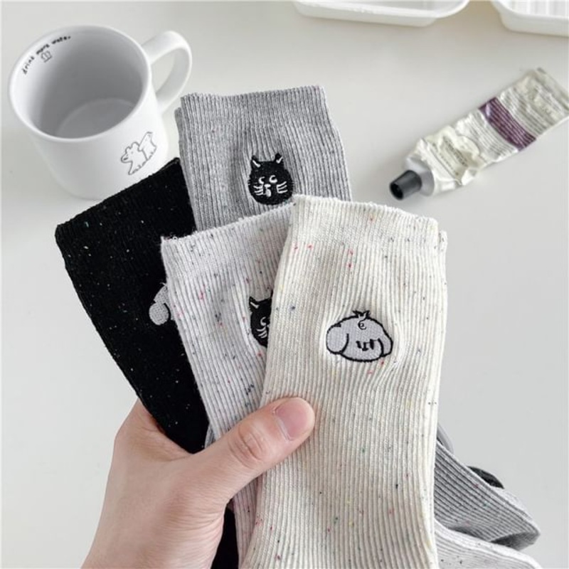 Dog Embroidered Socks|Dog – Black|Dog – Oatmeal|One Size