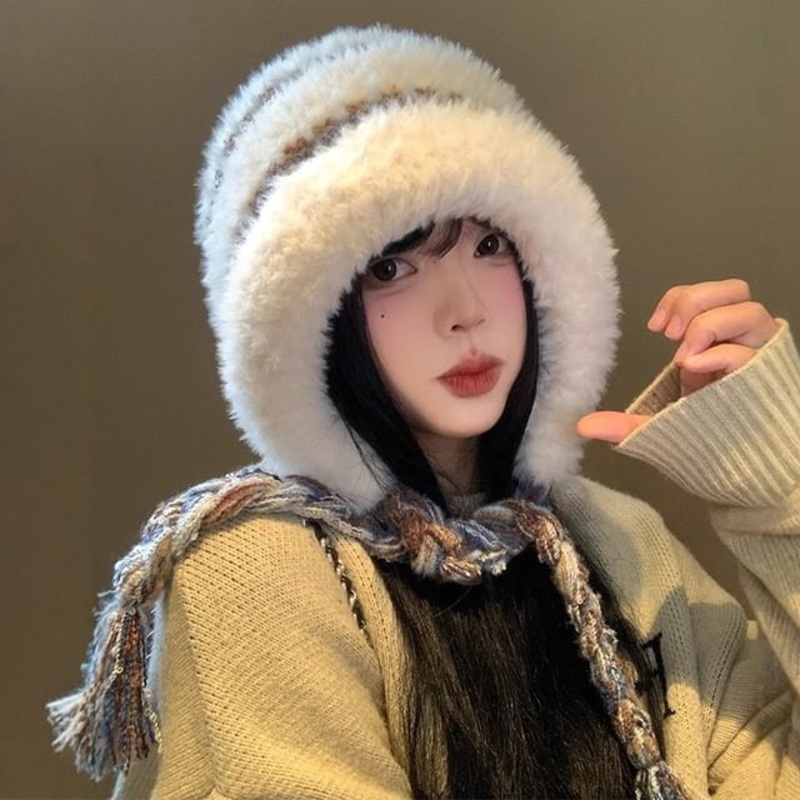 Faux Fur Knit Hat|Coffee|Gray & Blue|Red & Black|White|One Size