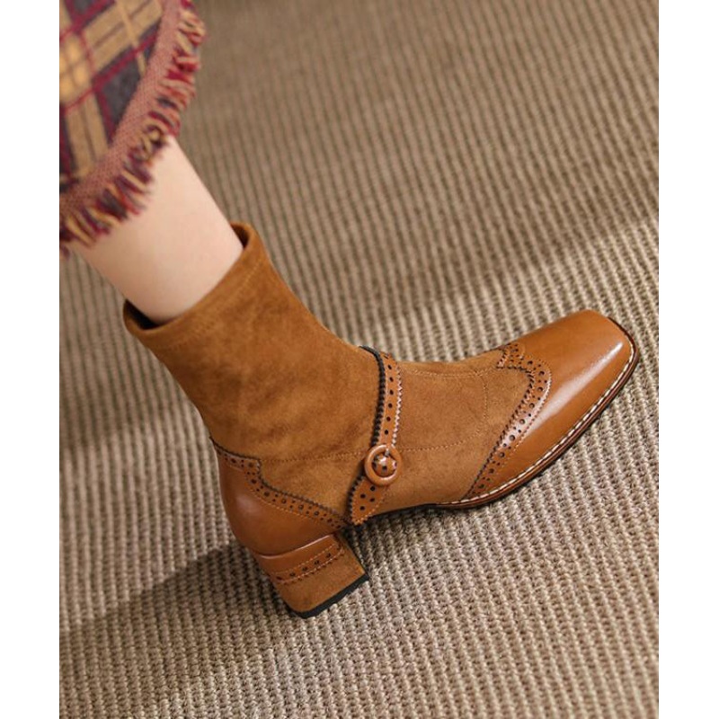 French Comfortable Splicing Chunky Boots Khaki Suede RD001