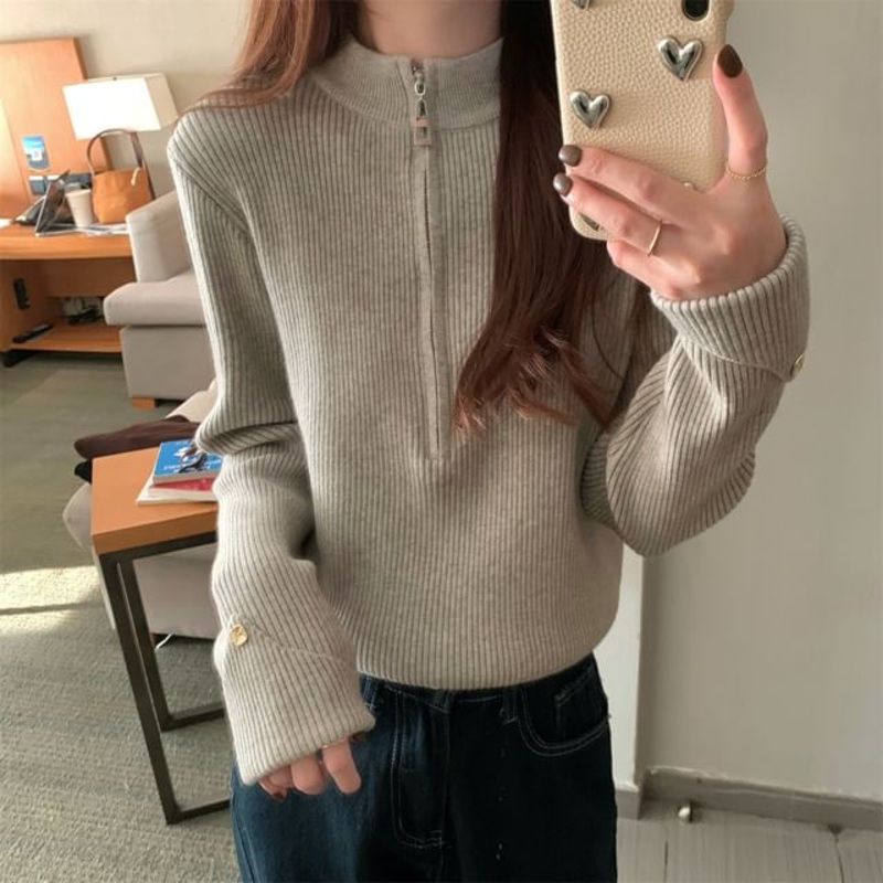 Half-Zip Plain Ribbed Sweater|Almond|Black|Coffee|Gray|Oatmeal|One Size