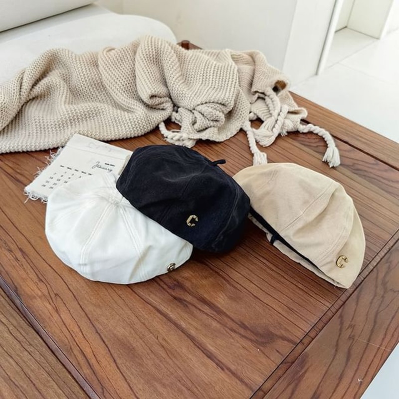Metal Lettering Beret Hat|Black|Khaki|White|One Size
