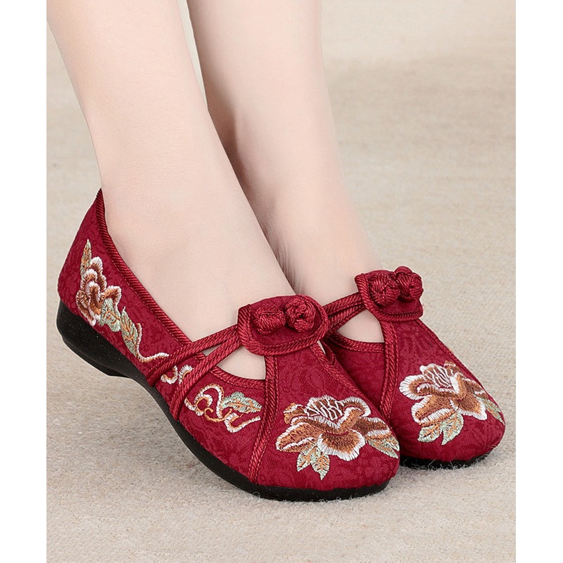 Red Flat Shoes Cotton Fabric Boho Embroidery Splicing RD007