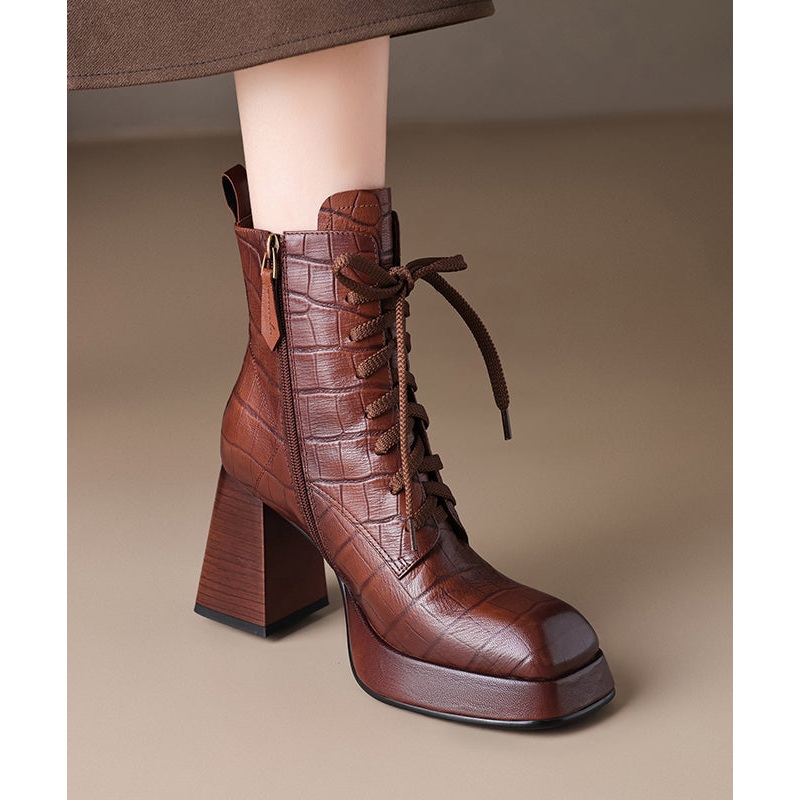 Sheepskin Brown Chunky Heel Boots Fashion Splicing Cross Strap RD003