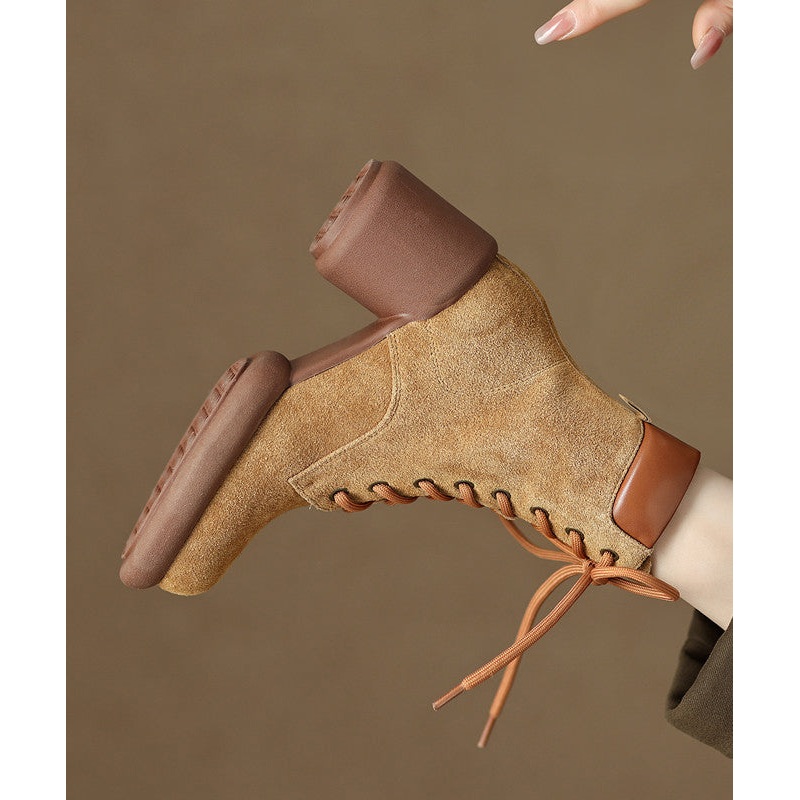 Suede Chunky Heel Boots Apricot Stylish Splicing Lace Up RD014