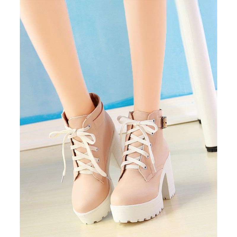 Vintage Cross Strap Chunky Boots Pink Faux Leather RD025