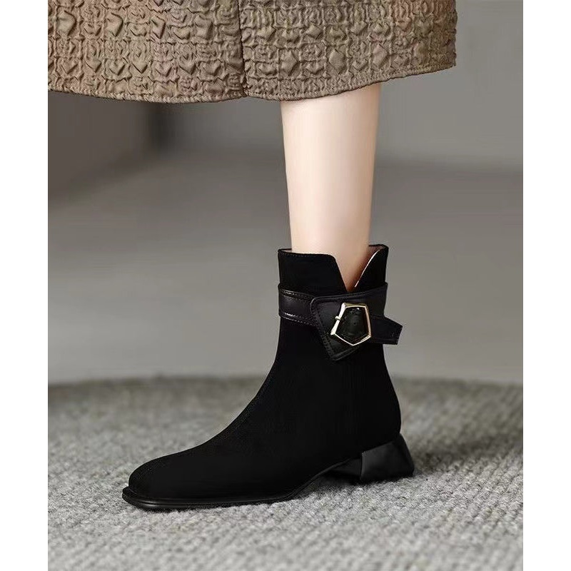 Women Fashion Splicing Chunky Boots Black Suede RD009