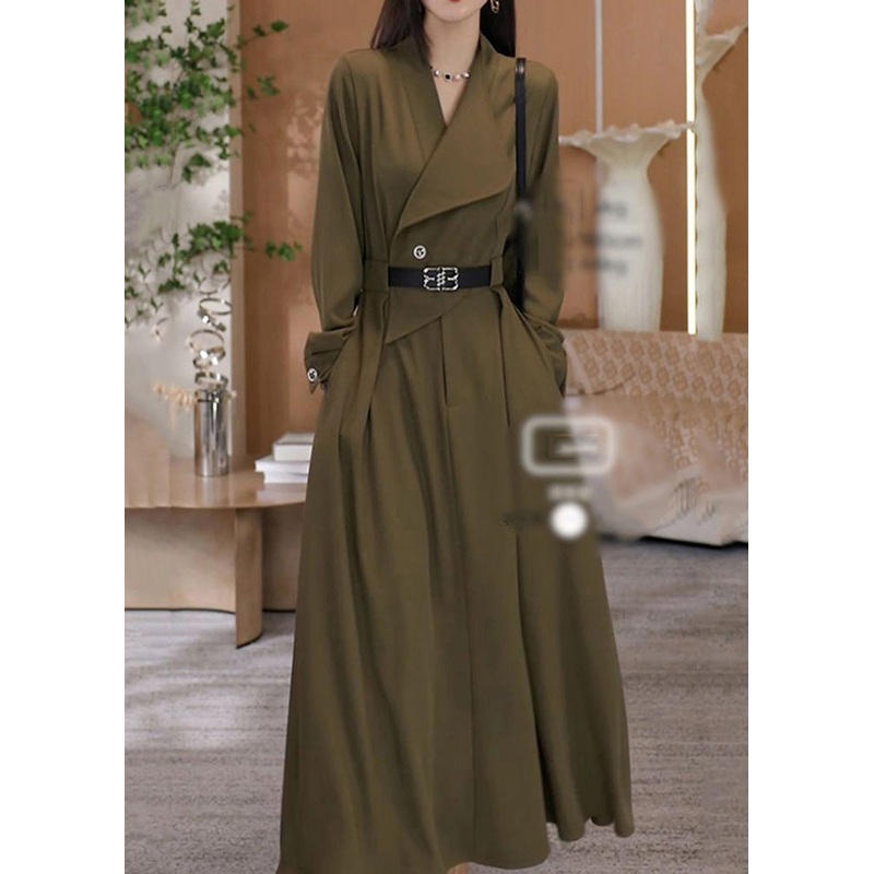 Elegant Green V Neck Waist Sashes Cotton Long Dresses Fall RF013