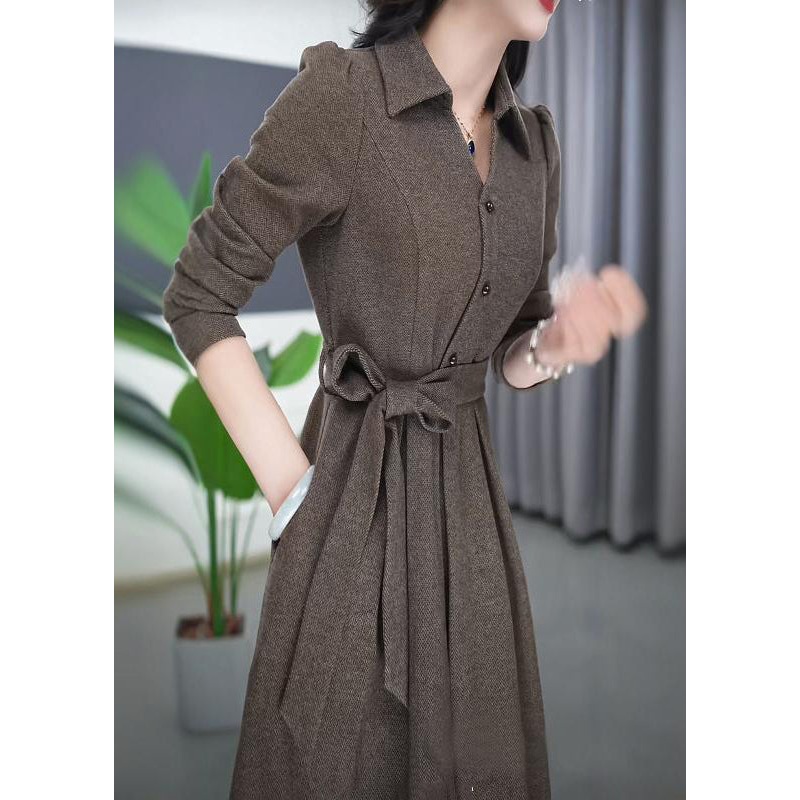 French Peter Pan Collar Tie Waist Flattering Button Maxi Dress Spring RF032