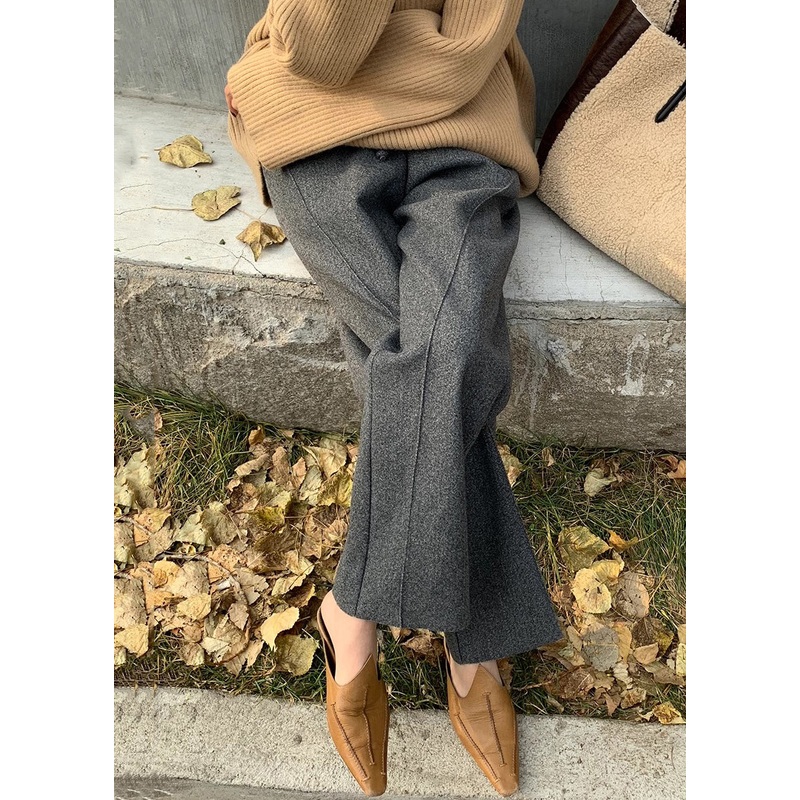 Grey Solid Pockets Woolen Pants Elastic Waist Winter RF019