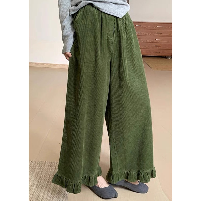 Original Green Ruffled Patchwork Corduroy Wide Leg Pants Winter RF010