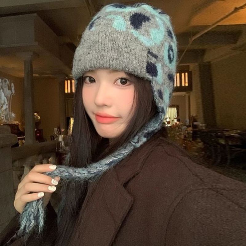 Patterned Earflap Beanie|Beige|Black|Gray|M