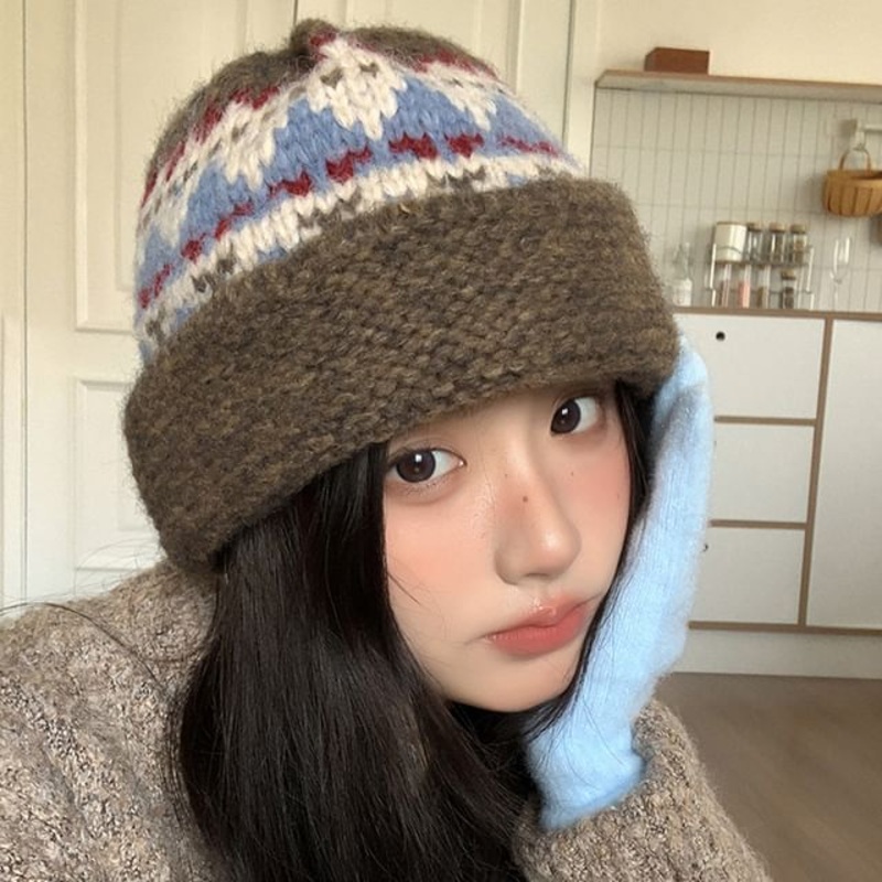 Patterned Knit Beanie|Black|Coffee|Off-White|Red|One Size