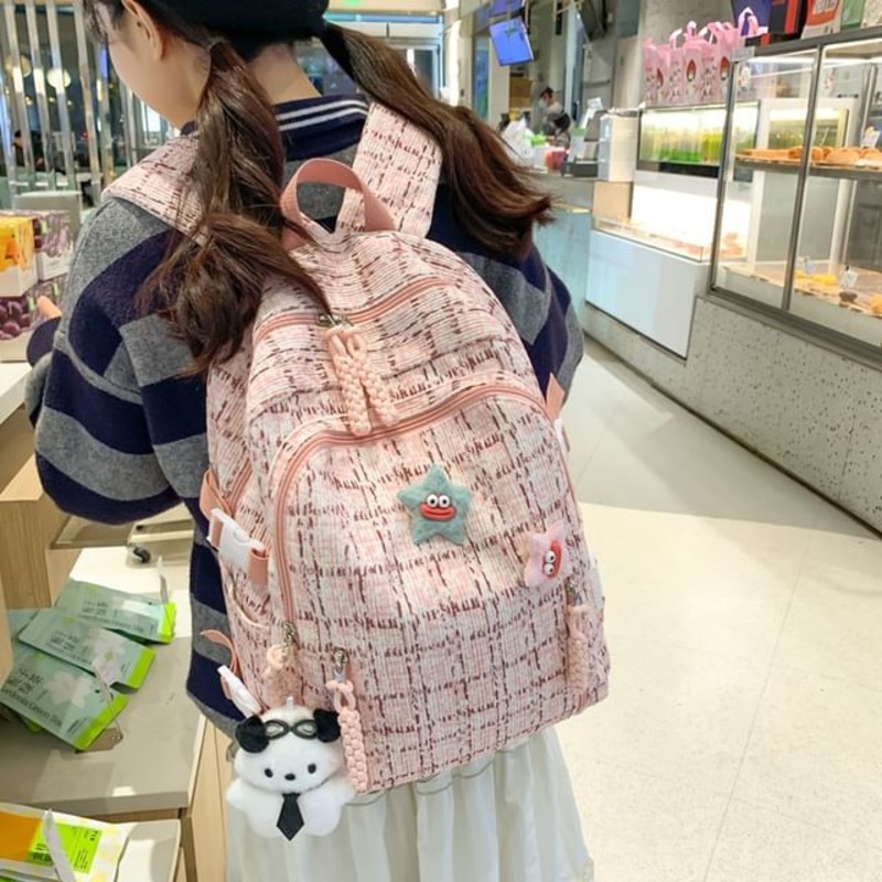 Plaid Zip Backpack|Without Accent & Charm – Backpack – Blue|Without Accent & Charm – Backpack – Gray|Without Accent & Charm – Backpack – Green|Without Accent & Charm – Backpack – Pink|One Size