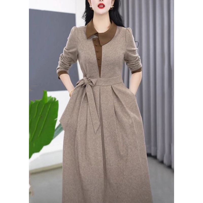 Slim Fit Grey Asymmetrical Tie Waist Maxi Dress Winter RF034