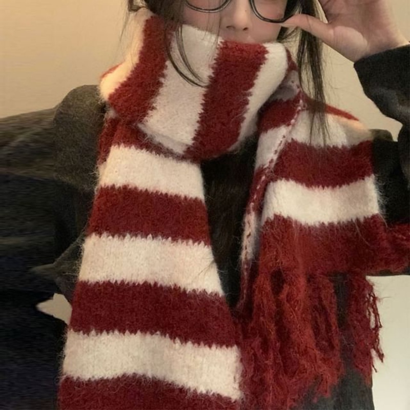 Striped Knit Scarf|Black|Coffee|Gray|Green|Khaki|Wine Red|One Size