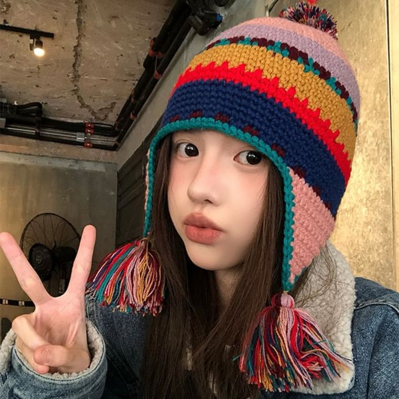 Tassel Striped Earflap Beanie|Stripe – Navy Blue|Stripe – Pink & Khaki & Navy Blue|M
