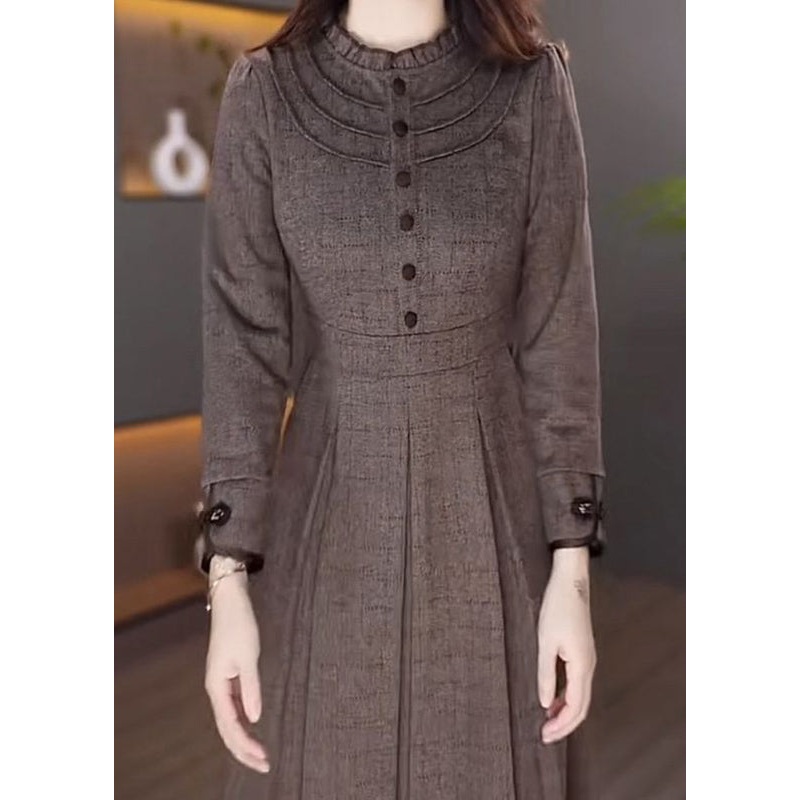Women Coffee Patchwork Button Maxi Dress Spring RF033