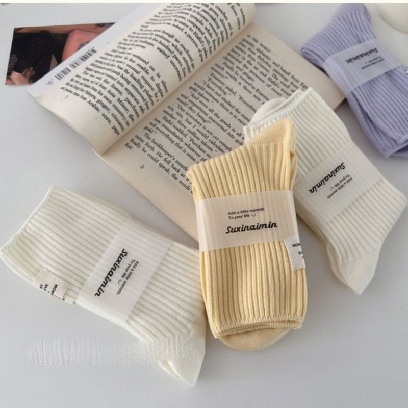 Applique Cotton Socks|Black|Blue|Fruit Green|Light Beige|Light Yellow|Pink|Purple|White|One Size