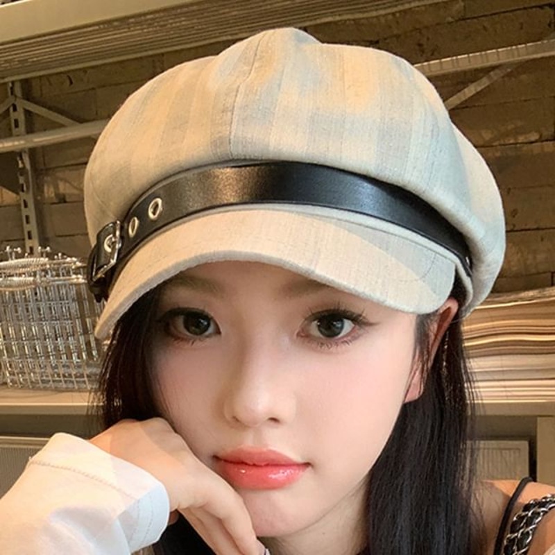 Belt Striped Newsboy Cap|Beige|Black|One Size